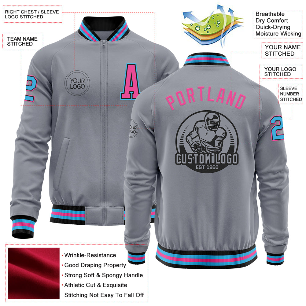 Custom Gray Sky Blue Black-Pink Bomber Varsity Letterman Zipper Jacket