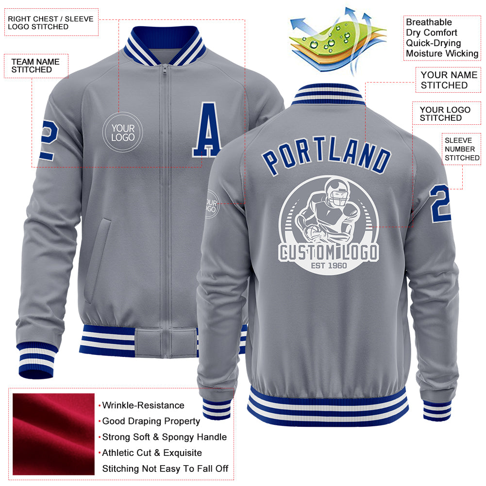 Custom Gray Royal-White Bomber Varsity Letterman Zipper Jacket