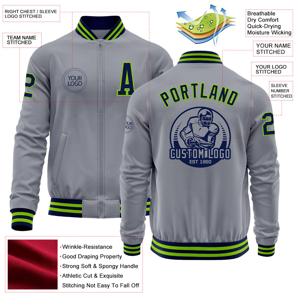 Custom Gray Navy-Neon Green Bomber Varsity Letterman Zipper Jacket