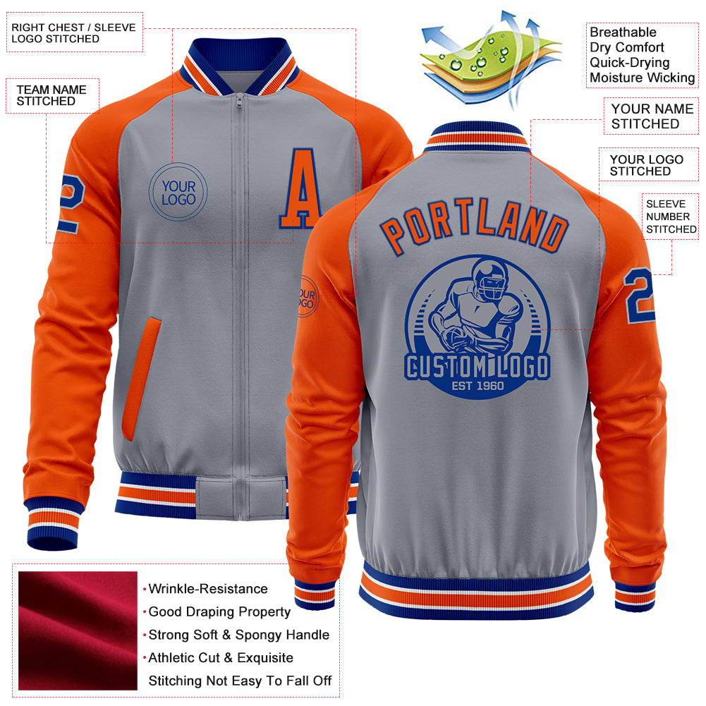 Custom Gray Royal-Orange Bomber Varsity Letterman Two Tone Zipper Jacket