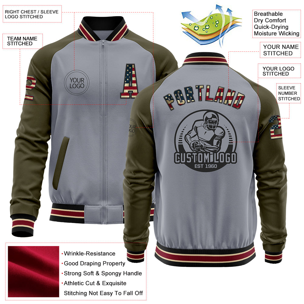 Custom Gray Vintage USA Flag Black City Cream Crimson-Olive Varsity Letterman Two Tone Zipper Jacket