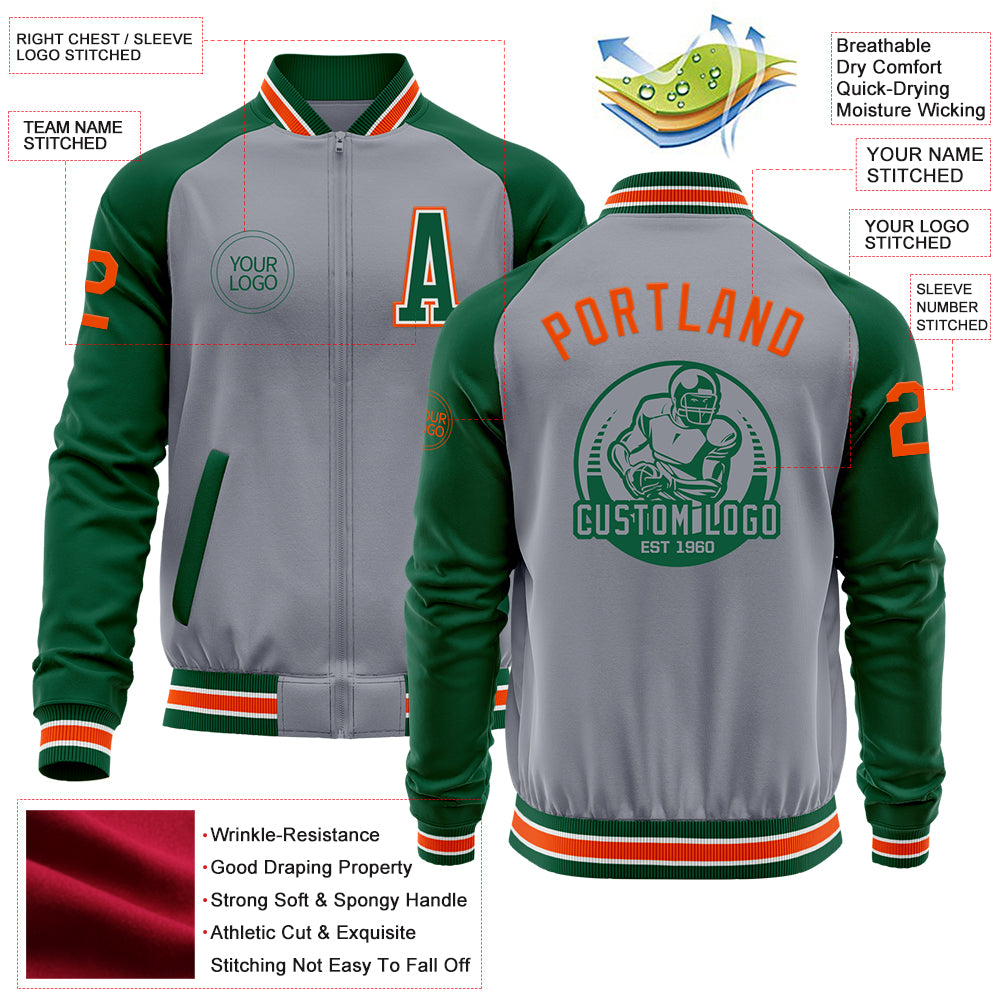 Custom Gray Orange-Kelly Green Varsity Letterman Two Tone Zipper Jacket