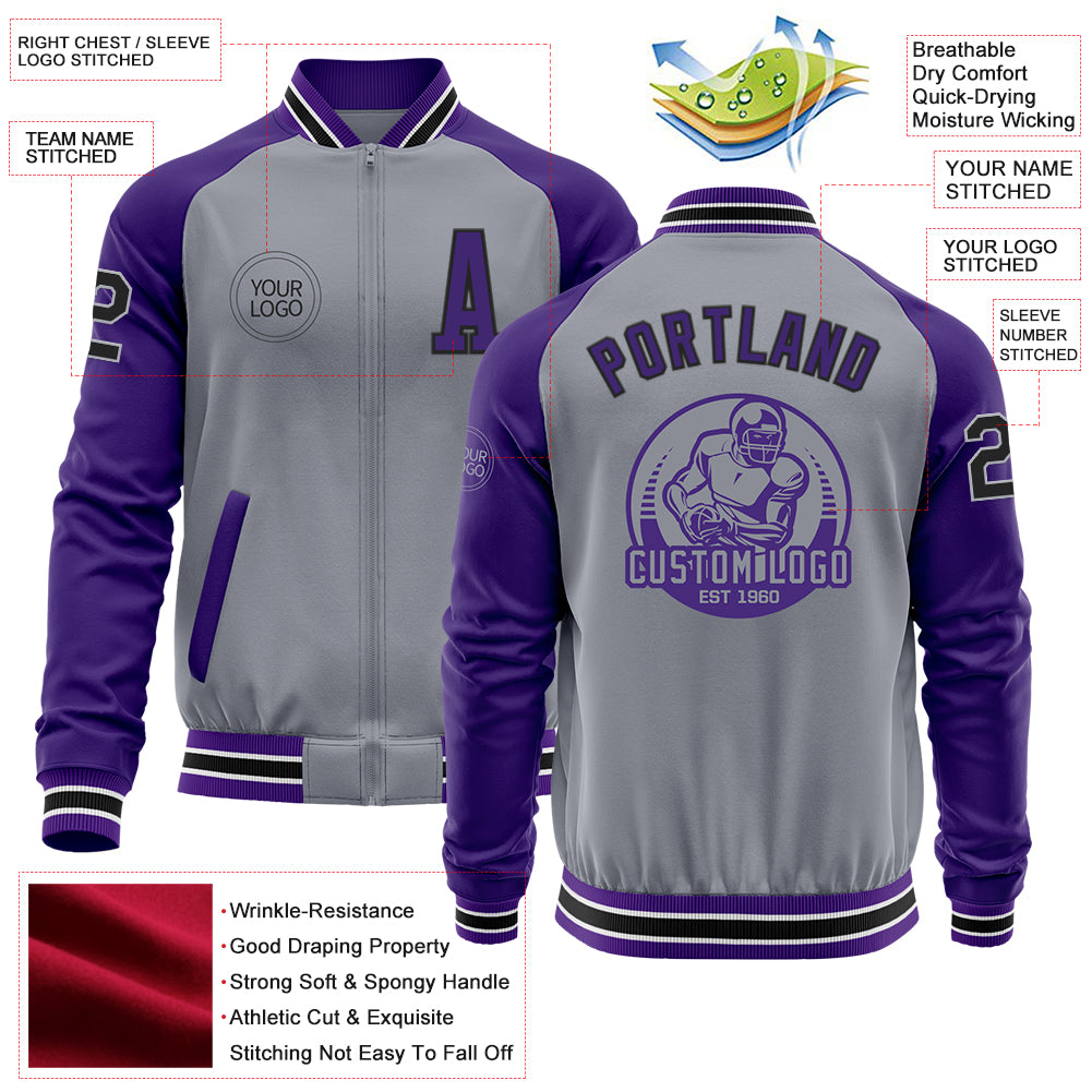 Custom Gray Black-Purple Varsity Letterman Two Tone Zipper Jacket