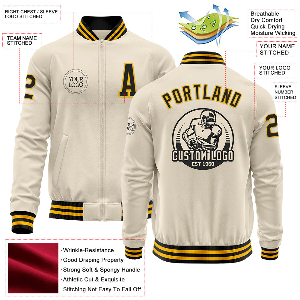 Custom Cream Black-Gold Bomber Varsity Letterman Zipper Jacket