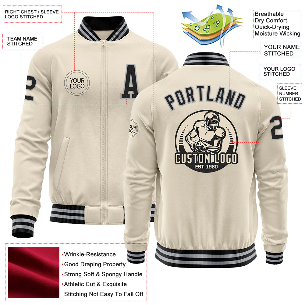 Custom Cream Black-Gray Bomber Varsity Letterman Zipper Jacket