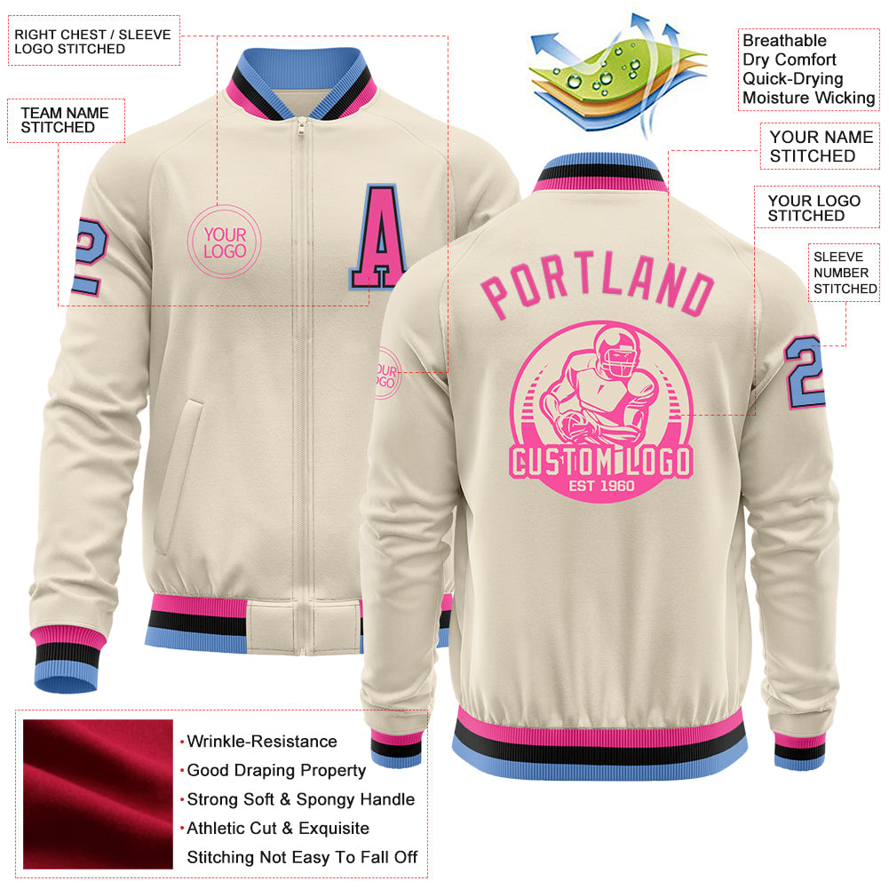 Custom Cream Light Blue Black-Pink Bomber Varsity Letterman Zipper Jacket