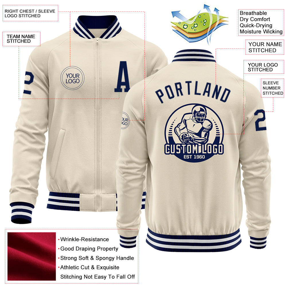 Custom Cream Navy-White Bomber Varsity Letterman Zipper Jacket