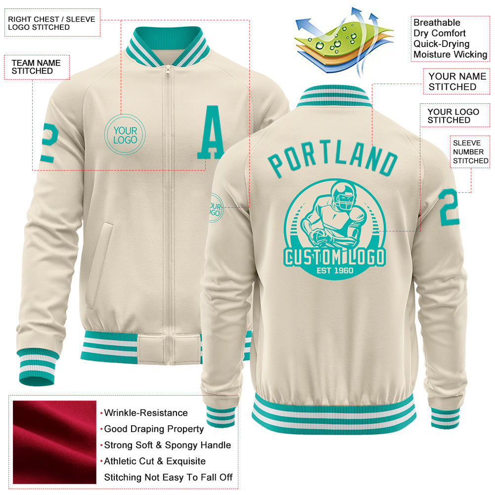 Custom Cream Aqua-White Bomber Varsity Letterman Zipper Jacket