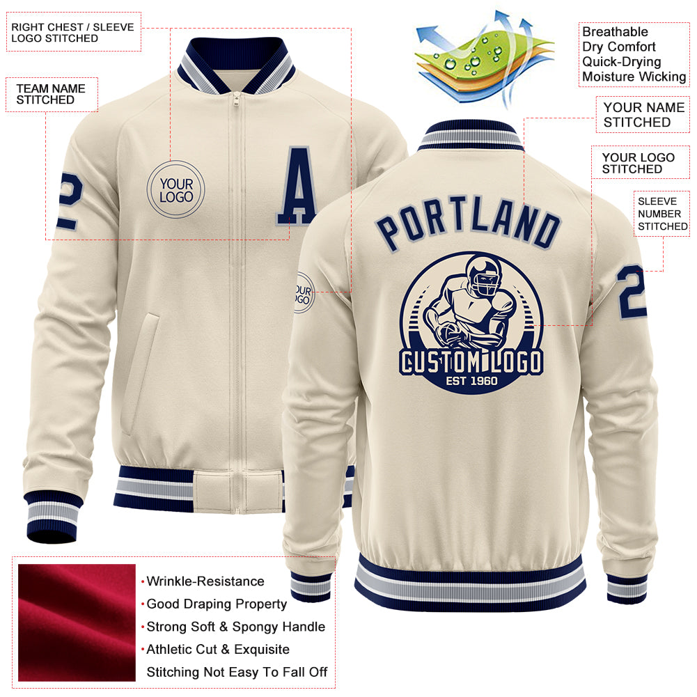 Custom Cream Navy Gray-White Bomber Varsity Letterman Zipper Jacket