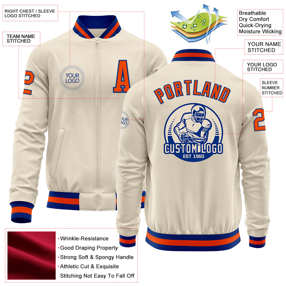 Custom Cream Royal-Orange Bomber Varsity Letterman Zipper Jacket