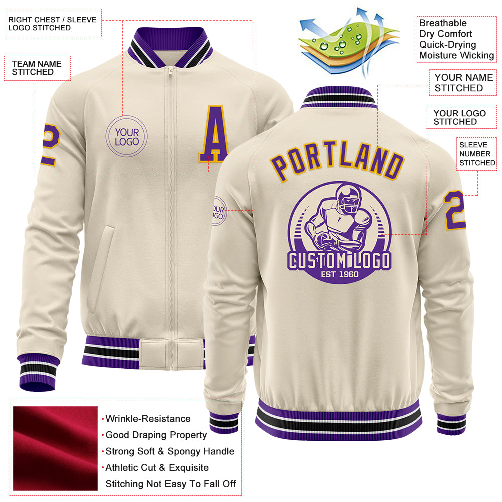 Custom Cream Purple Gold-White Bomber Varsity Letterman Zipper Jacket