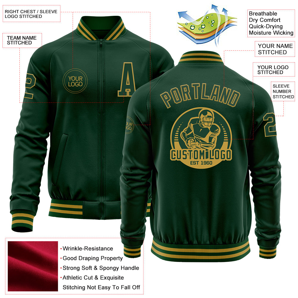 Custom Green Old Gold Bomber Varsity Letterman Zipper Jacket
