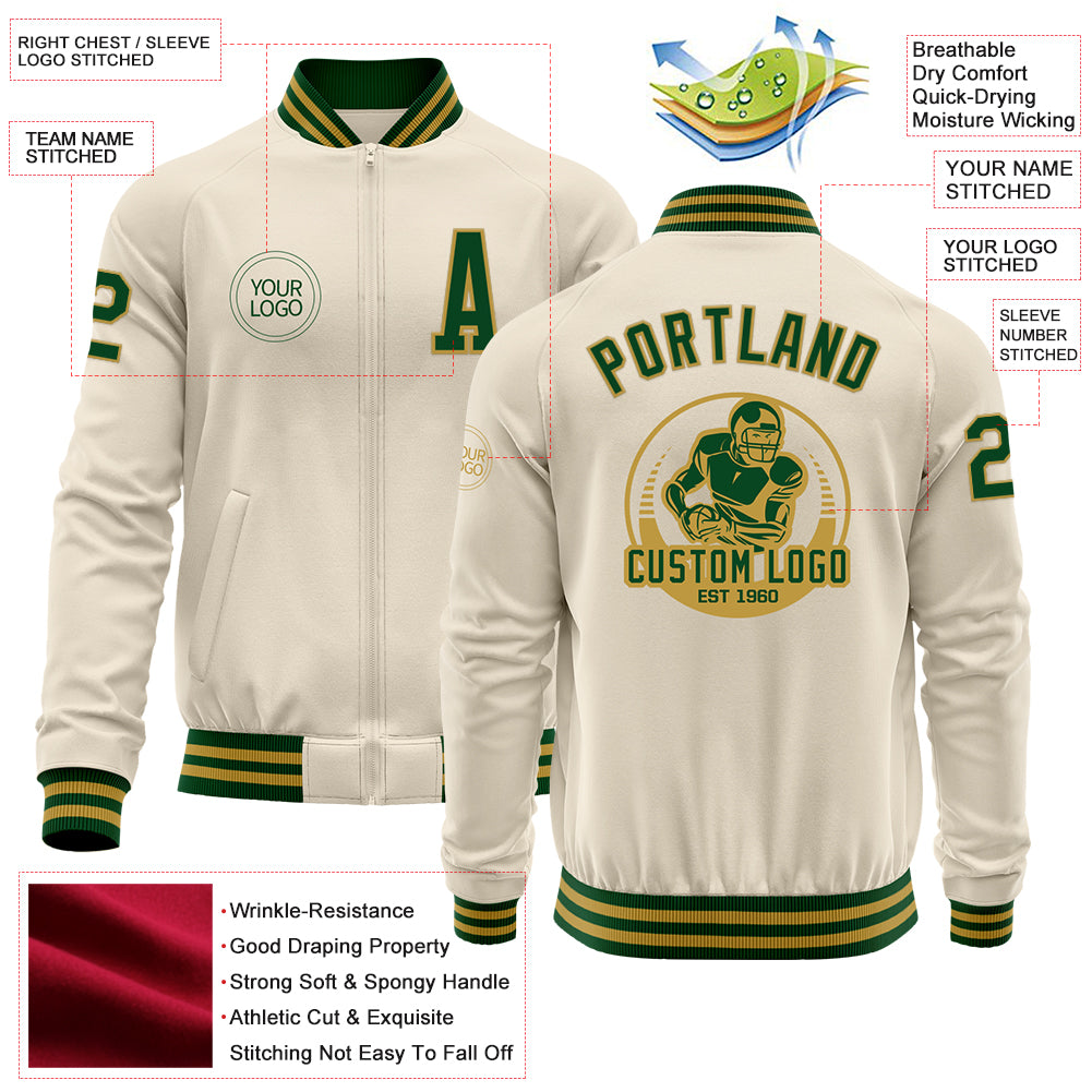 Custom Cream Green-Old Gold Bomber Varsity Letterman Zipper Jacket