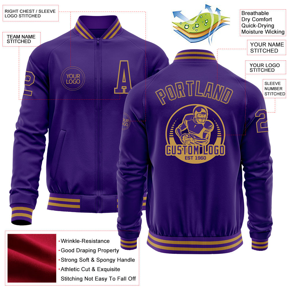 Custom Purple Old Gold Bomber Varsity Letterman Zipper Jacket