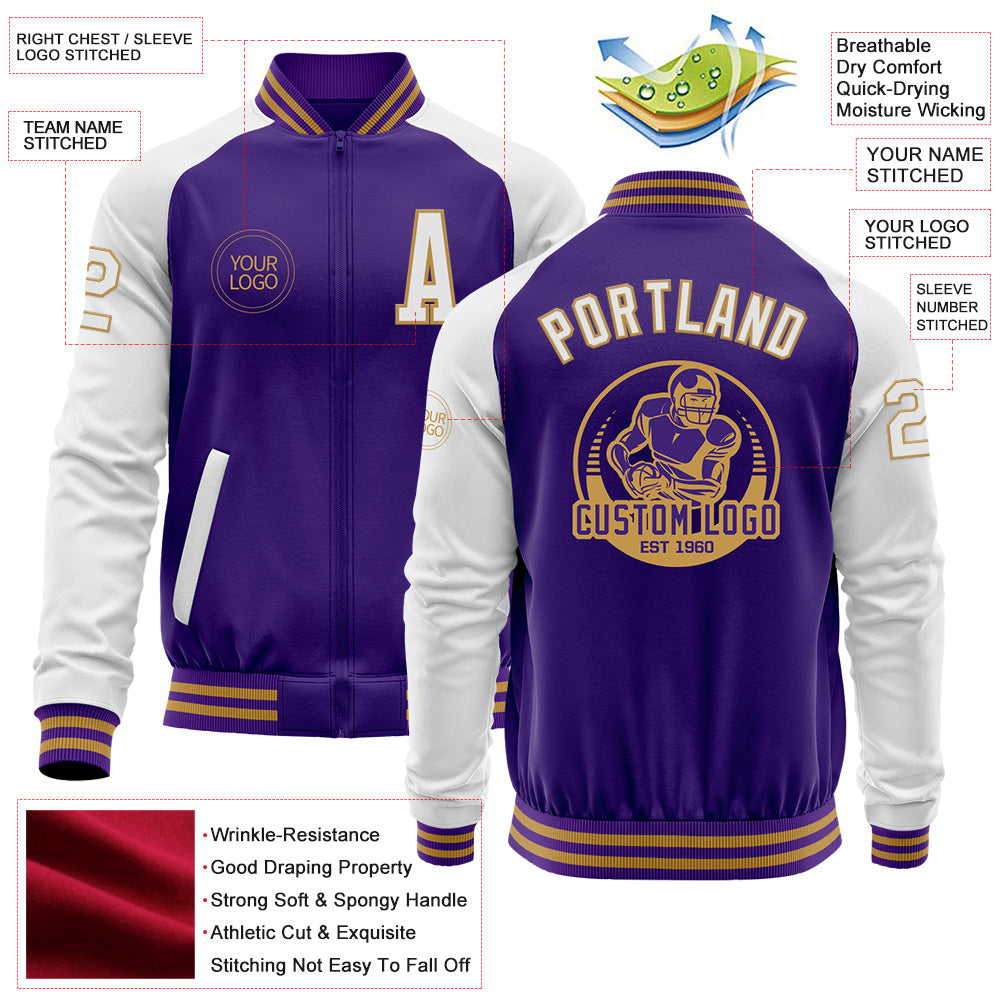 Custom Purple White-Old Gold Bomber Varsity Letterman Two Tone Zipper Jacket
