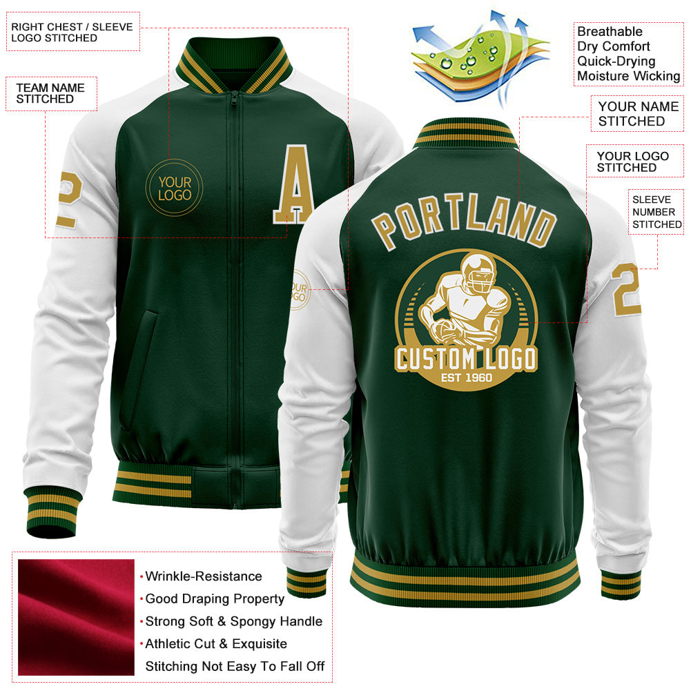 Custom Green Old Gold-White Bomber Varsity Letterman Two Tone Zipper Jacket