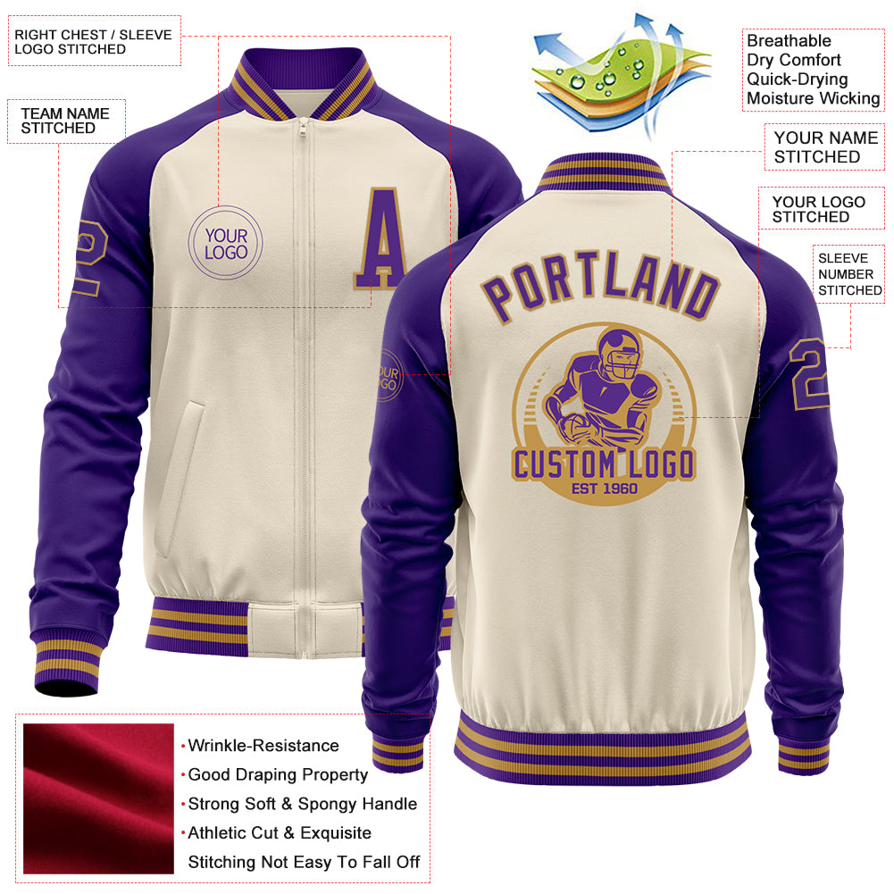 Custom Cream Purple-Old Gold Bomber Varsity Letterman Two Tone Zipper Jacket