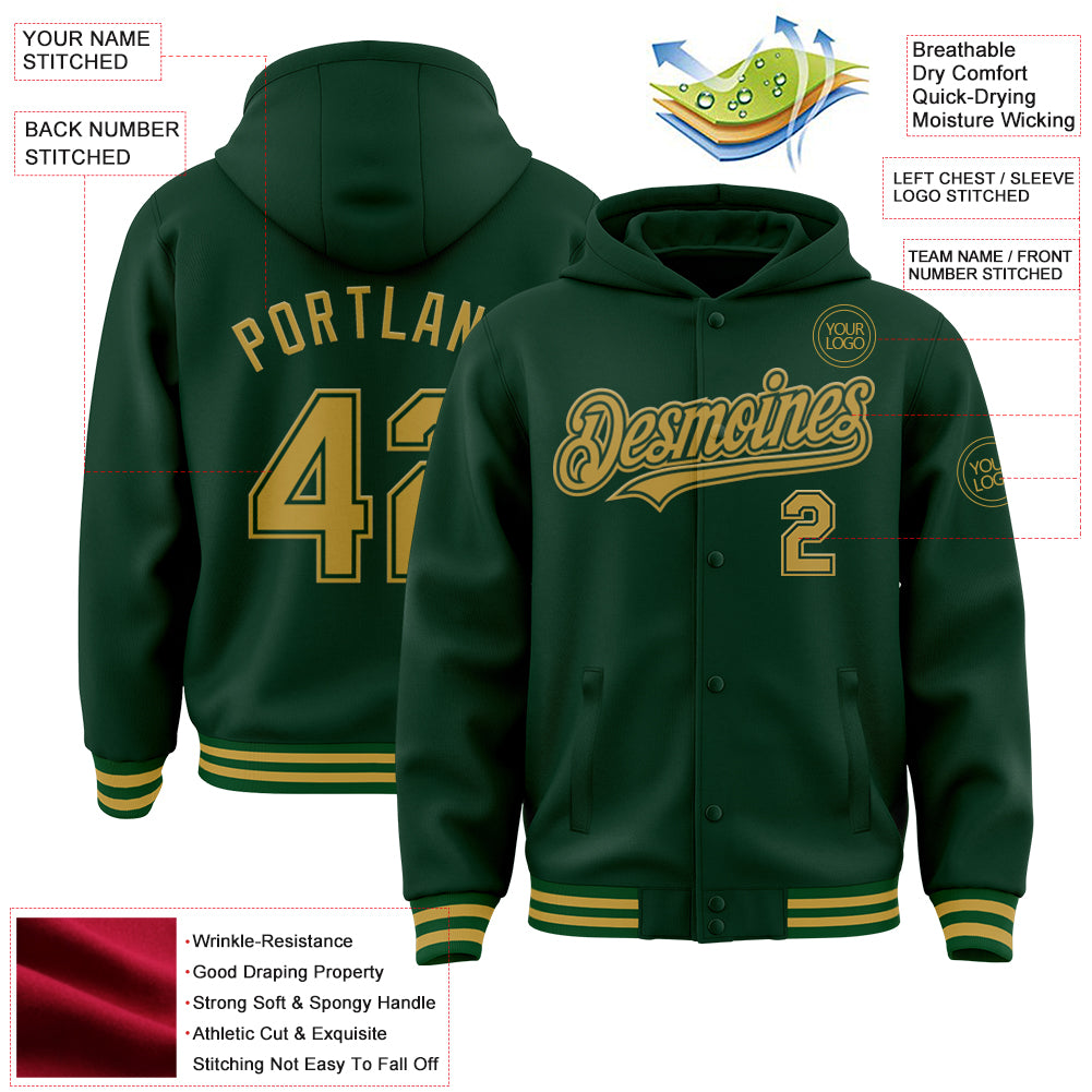Custom Green Old Gold Bomber Full-Snap Varsity Letterman Hoodie Jacket