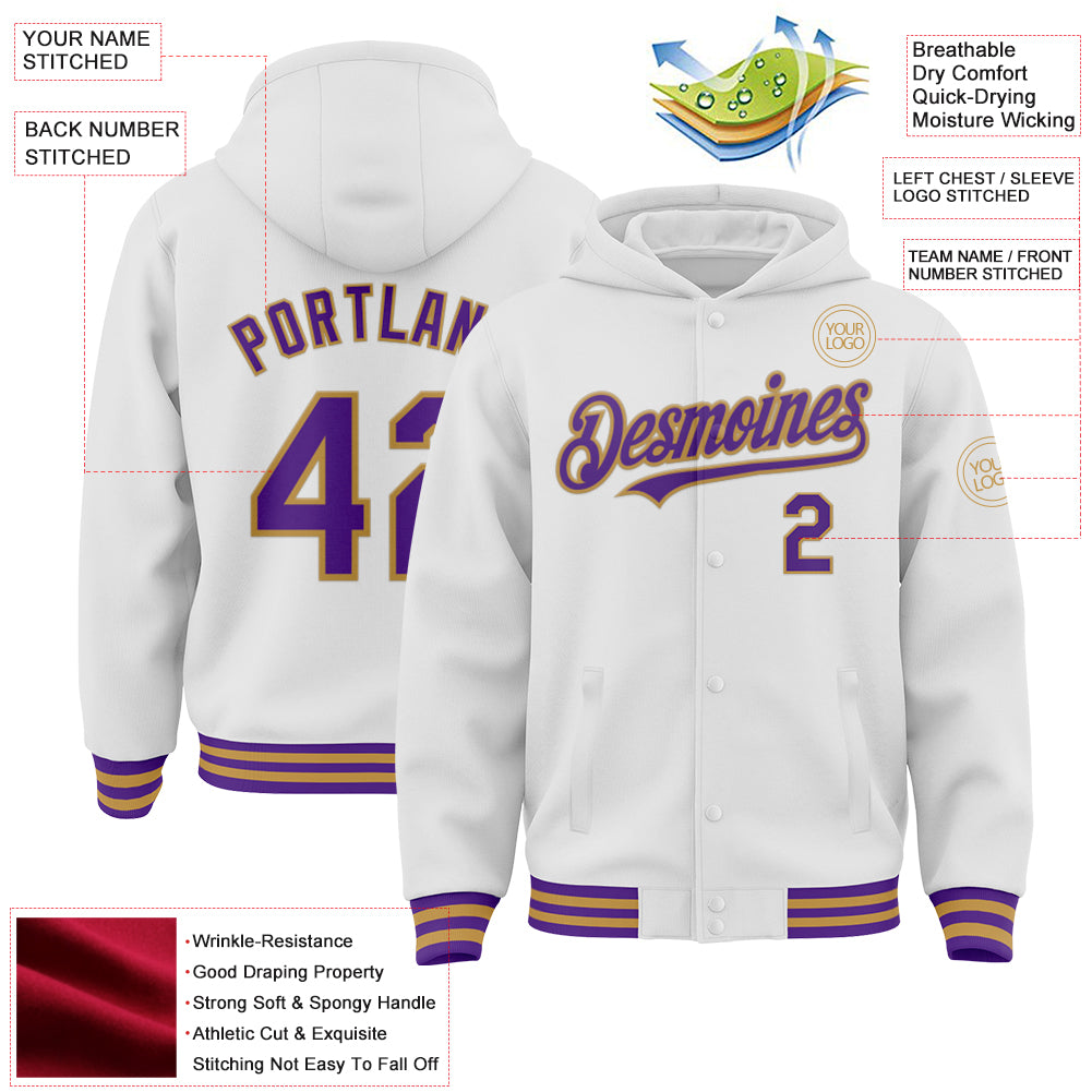 Custom White Purple-Old Gold Bomber Full-Snap Varsity Letterman Hoodie Jacket