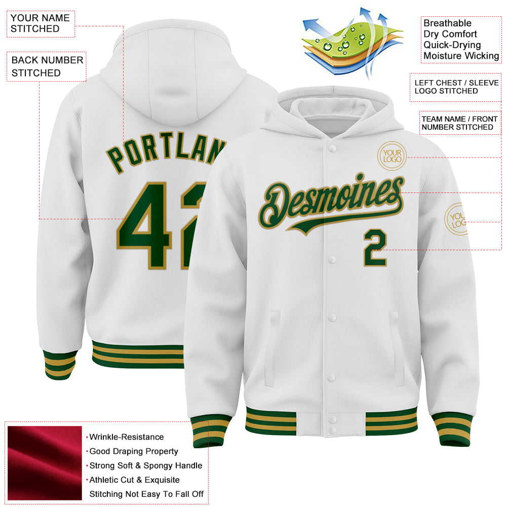 Custom White Green-Old Gold Bomber Full-Snap Varsity Letterman Hoodie Jacket