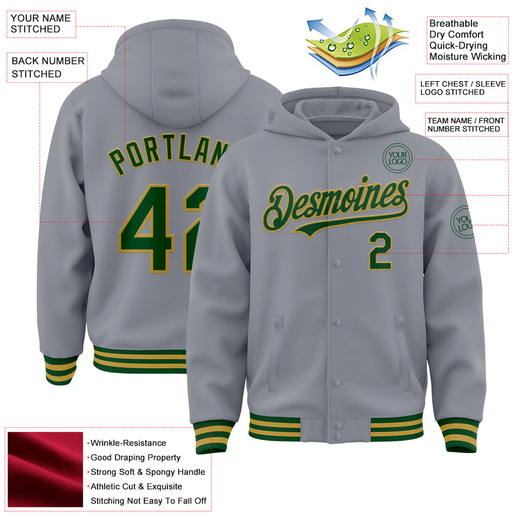 Custom Gray Green-Old Gold Bomber Full-Snap Varsity Letterman Hoodie Jacket