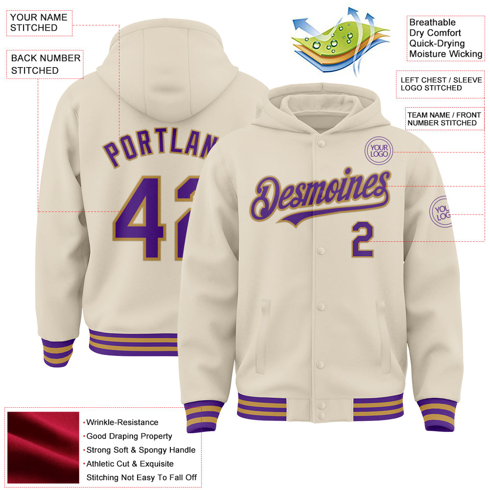 Custom Cream Purple-Old Gold Bomber Full-Snap Varsity Letterman Hoodie Jacket
