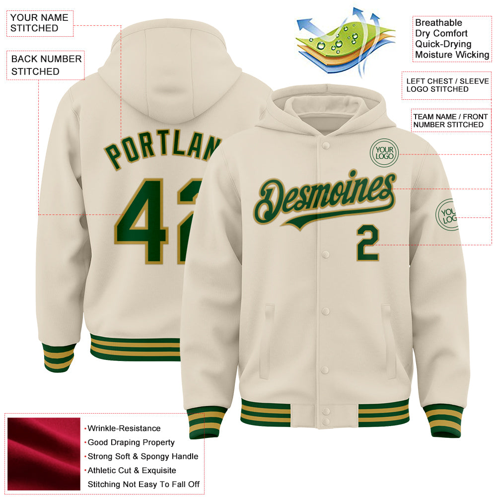 Custom Cream Green-Old Gold Bomber Full-Snap Varsity Letterman Hoodie Jacket