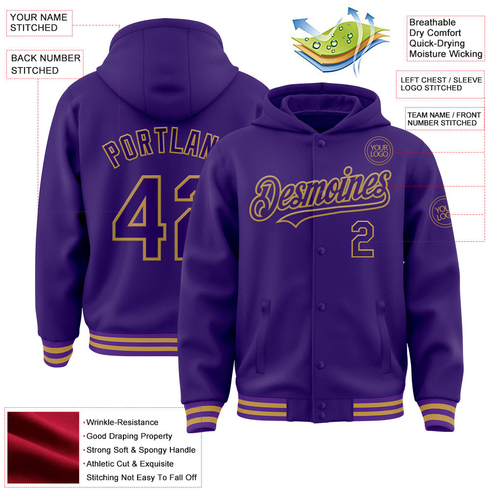 Custom Purple Old Gold Bomber Full-Snap Varsity Letterman Hoodie Jacket