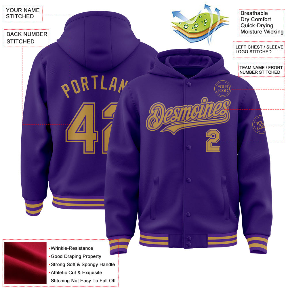 Custom Purple Old Gold Bomber Full-Snap Varsity Letterman Hoodie Jacket