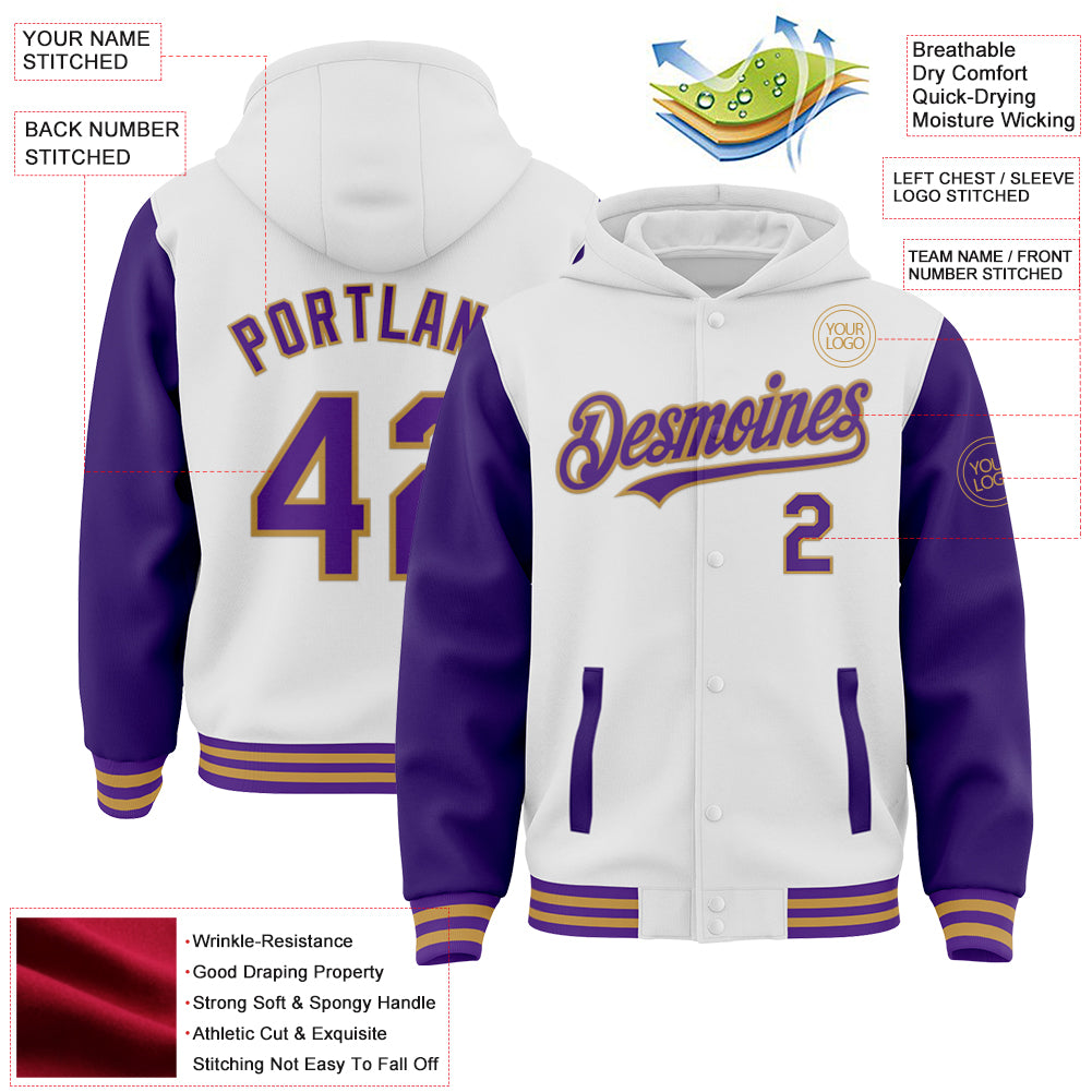 Custom White Purple-Old Gold Bomber Full-Snap Varsity Letterman Two Tone Hoodie Jacket