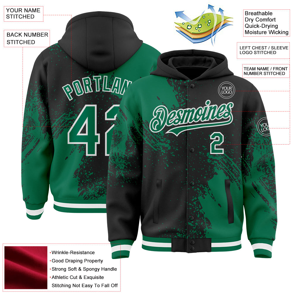 Custom Black Kelly Green-White Abstract Brush Stroke 3D Pattern Design Bomber Full-Snap Varsity Letterman Hoodie Jacket