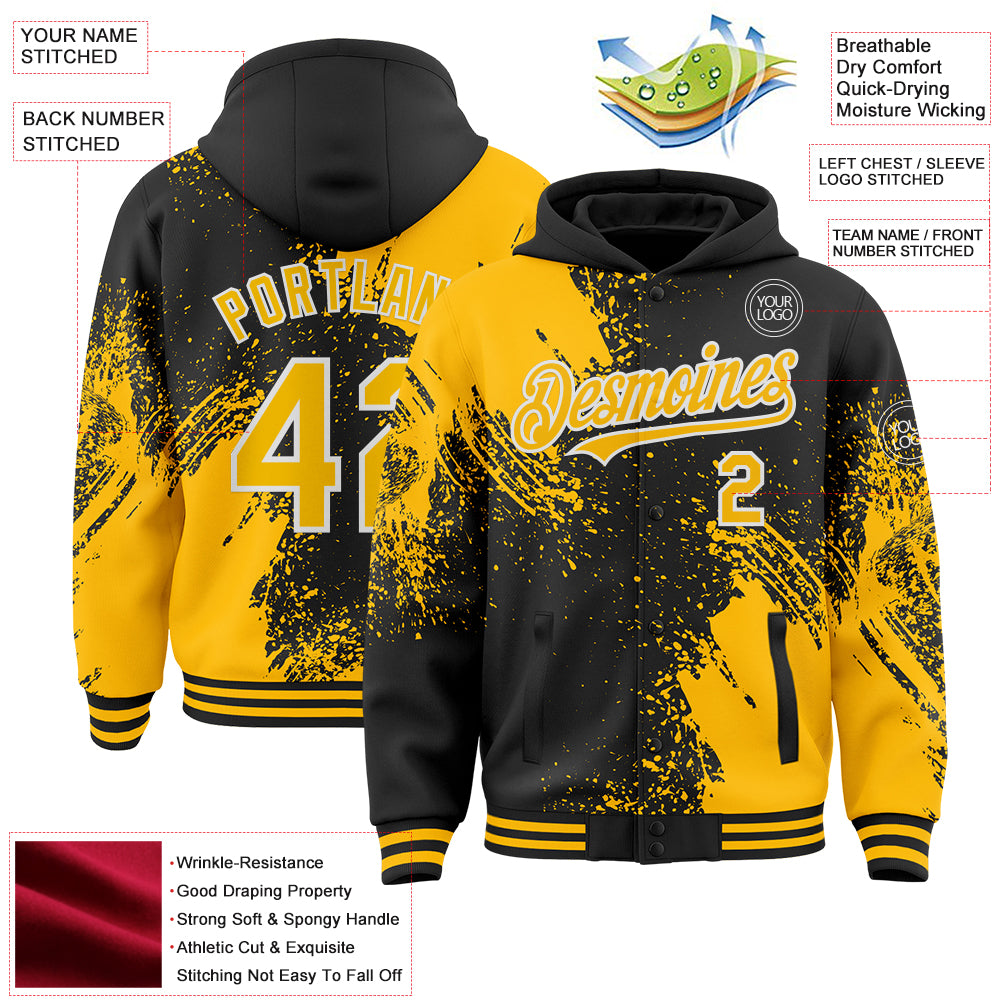 Custom Black Gold-White Abstract Brush Stroke 3D Pattern Design Bomber Full-Snap Varsity Letterman Hoodie Jacket