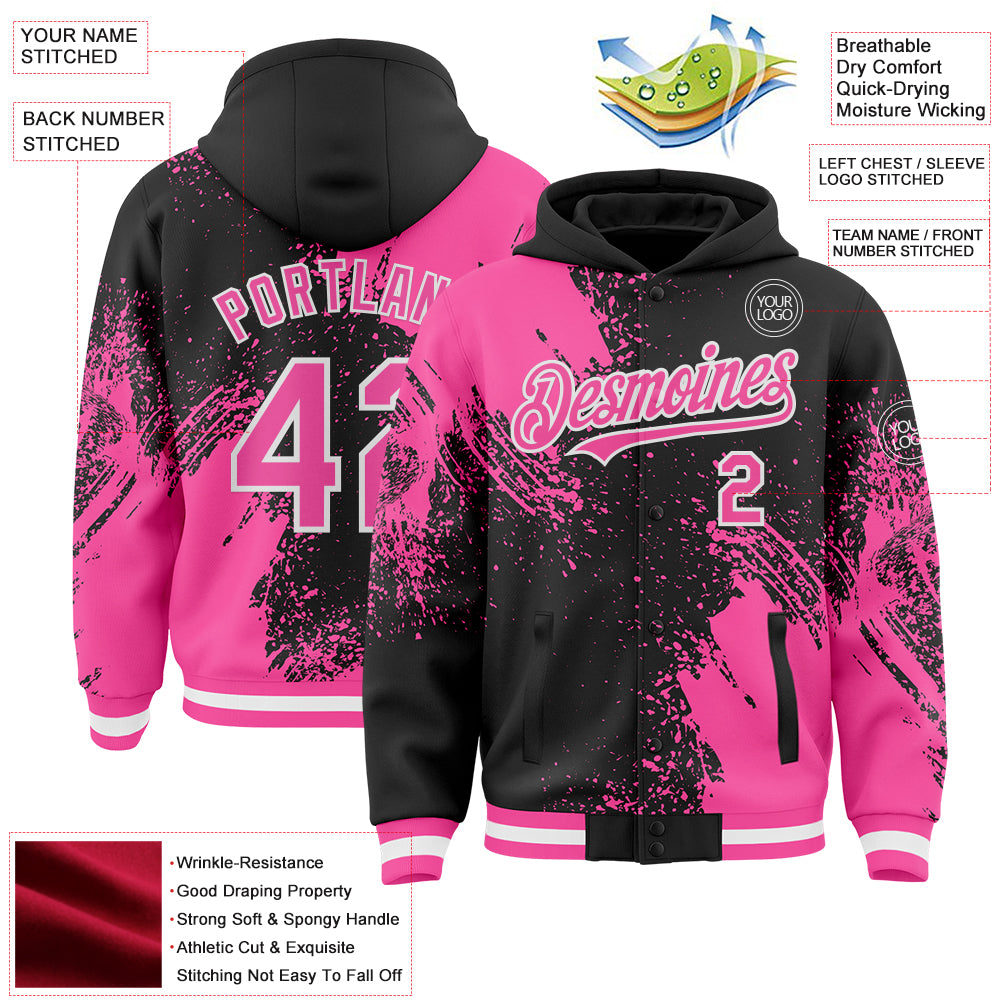Custom Black Pink-White Abstract Brush Stroke 3D Pattern Design Bomber Full-Snap Varsity Letterman Hoodie Jacket