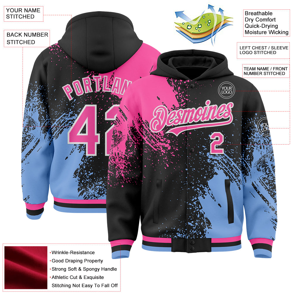 Custom Black Pink Light Blue-White Abstract Brush Stroke 3D Pattern Design Bomber Full-Snap Varsity Letterman Hoodie Jacket
