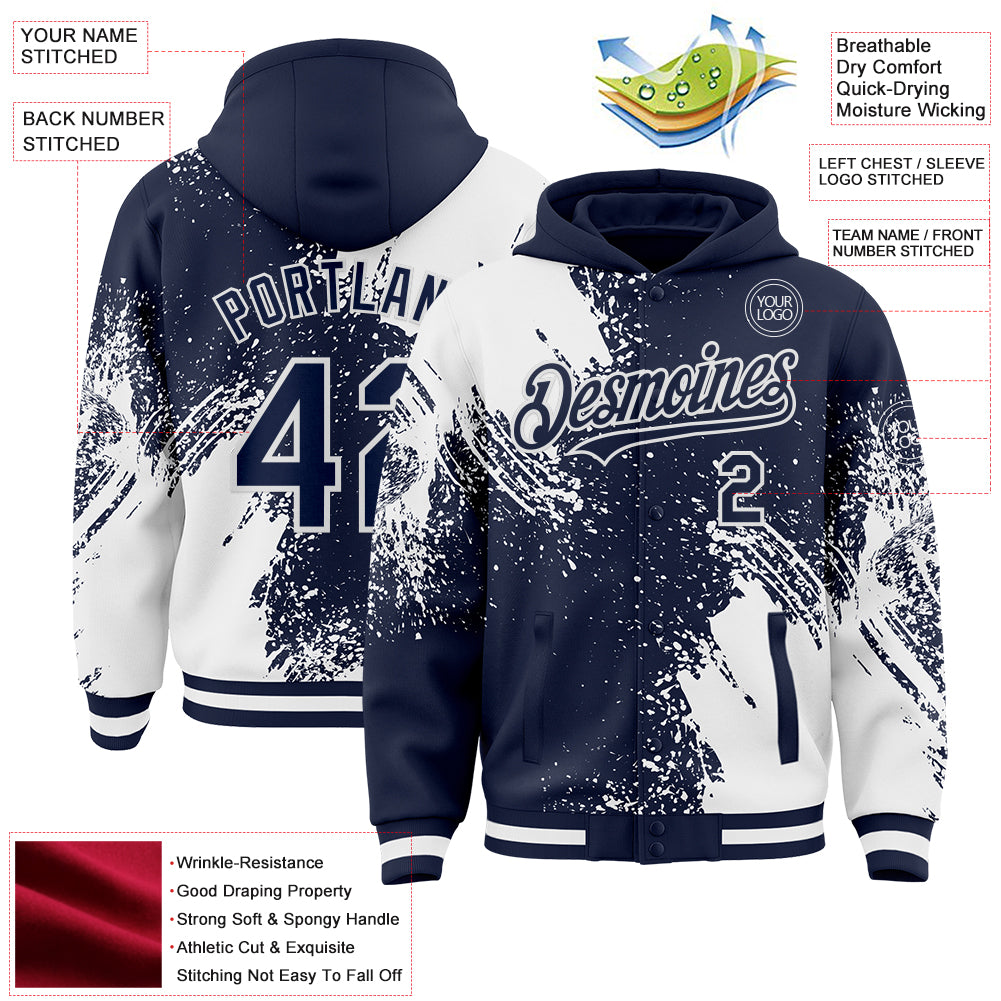 Custom Navy White Abstract Brush Stroke 3D Pattern Design Bomber Full-Snap Varsity Letterman Hoodie Jacket