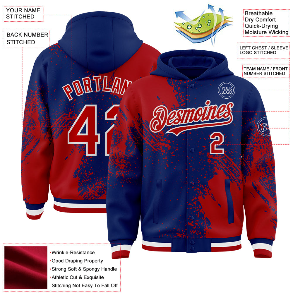 Custom Royal Red-White Abstract Brush Stroke 3D Pattern Design Bomber Full-Snap Varsity Letterman Hoodie Jacket