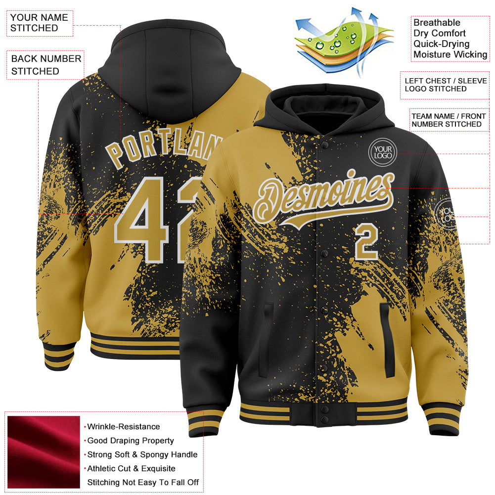 Custom Black Old Gold-White Abstract Brush Stroke 3D Pattern Design Bomber Full-Snap Varsity Letterman Hoodie Jacket