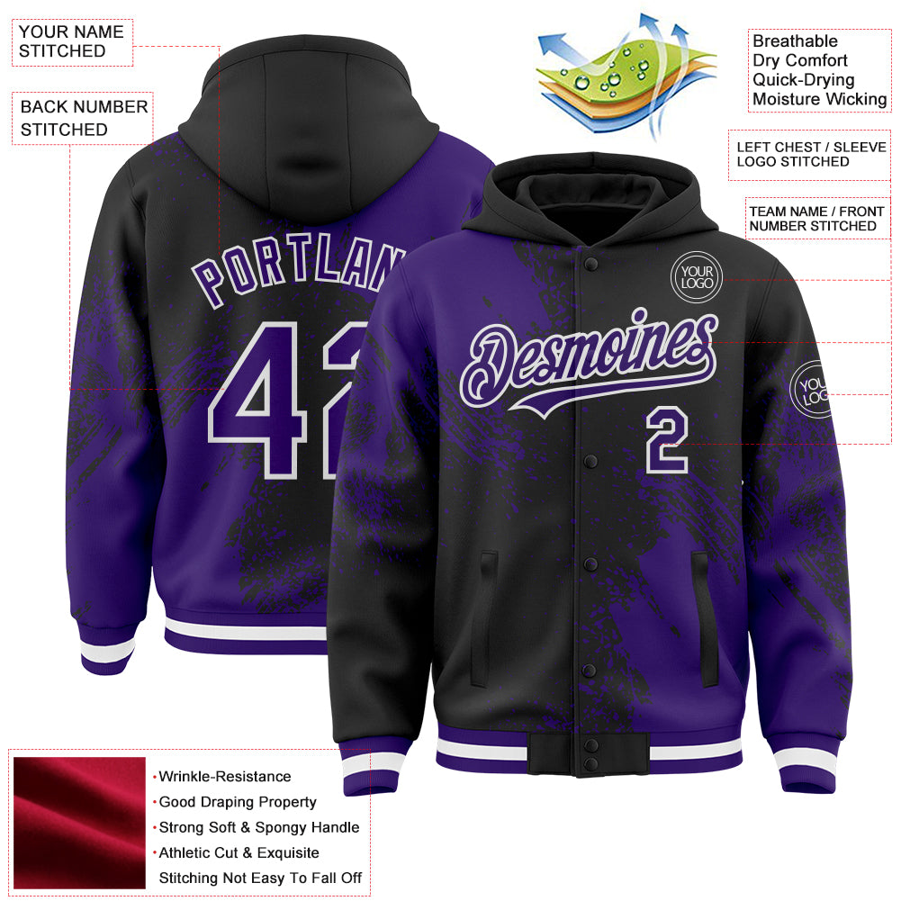 Custom Black Purple-White Abstract Brush Stroke 3D Pattern Design Bomber Full-Snap Varsity Letterman Hoodie Jacket