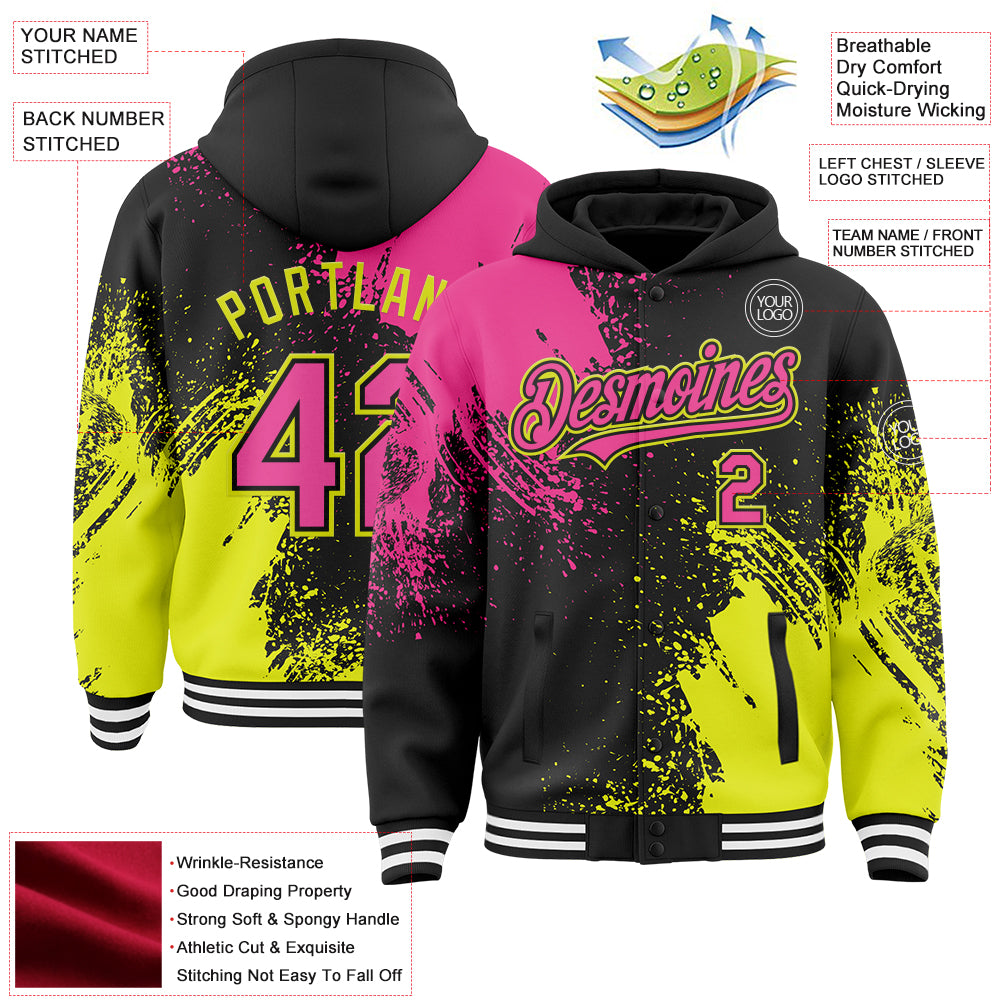 Custom Black Pink Neon Yellow-White Abstract Brush Stroke 3D Pattern Design Bomber Full-Snap Varsity Letterman Hoodie Jacket