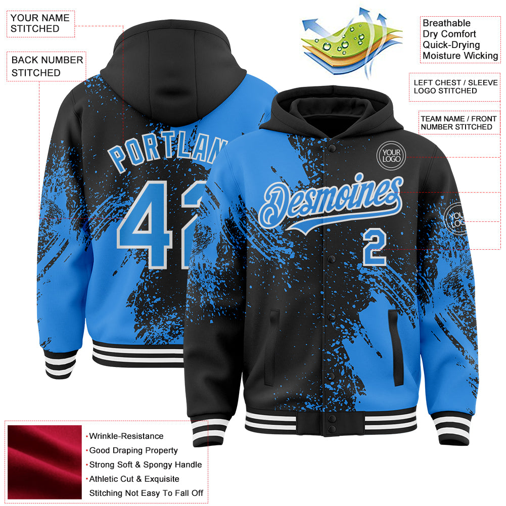 Custom Black Powder Blue-White Abstract Brush Stroke 3D Pattern Design Bomber Full-Snap Varsity Letterman Hoodie Jacket