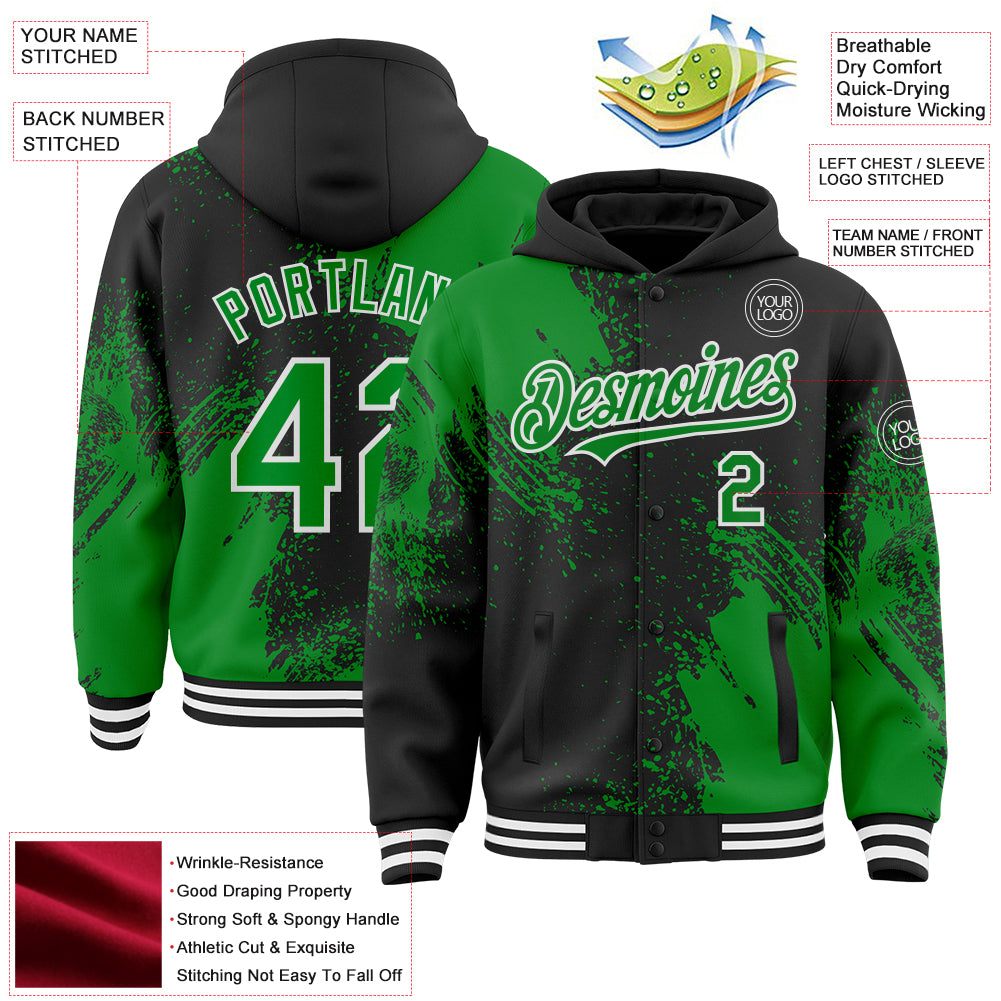 Custom Black Grass Green-White Abstract Brush Stroke 3D Pattern Design Bomber Full-Snap Varsity Letterman Hoodie Jacket