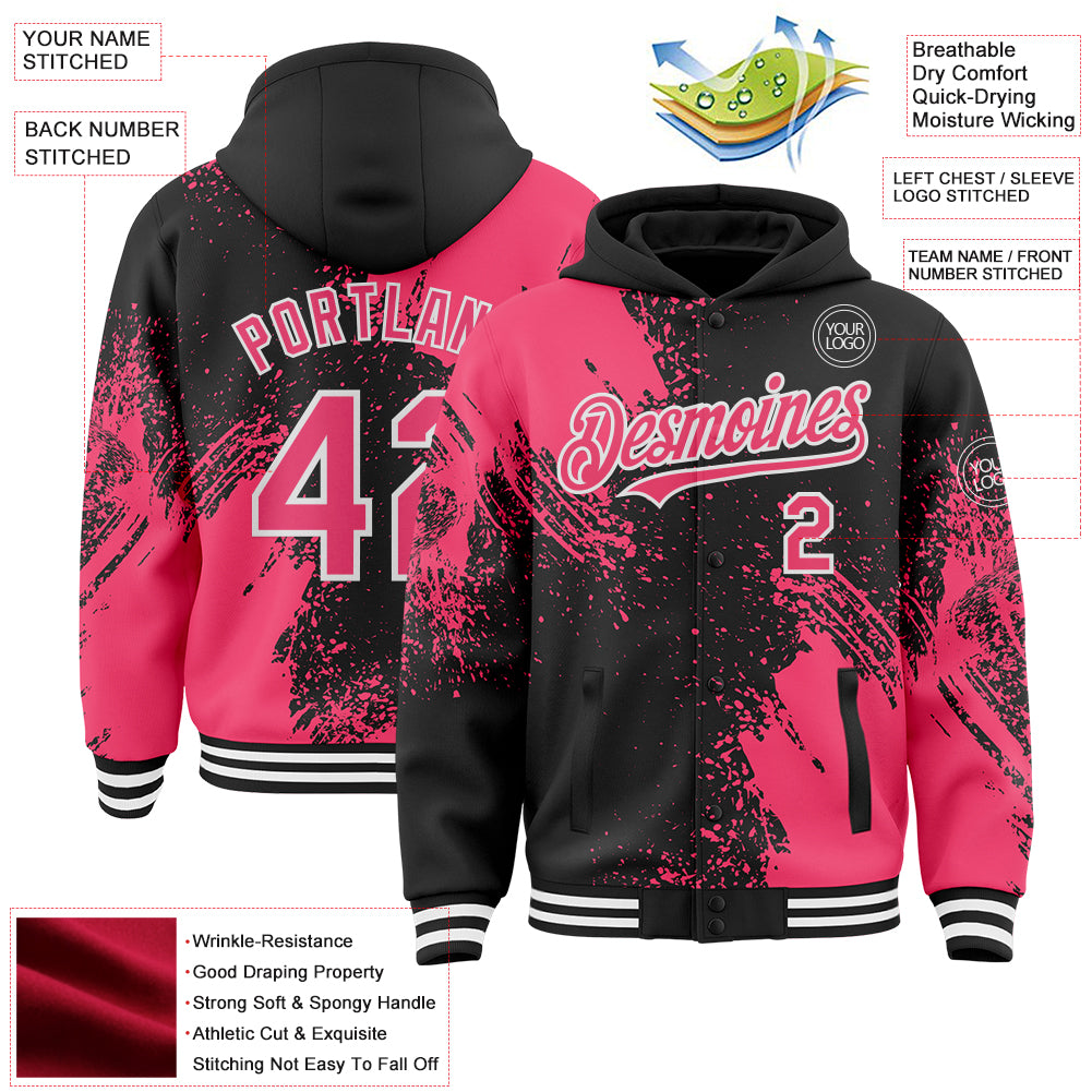 Custom Black Neon Pink-White Abstract Brush Stroke 3D Pattern Design Bomber Full-Snap Varsity Letterman Hoodie Jacket