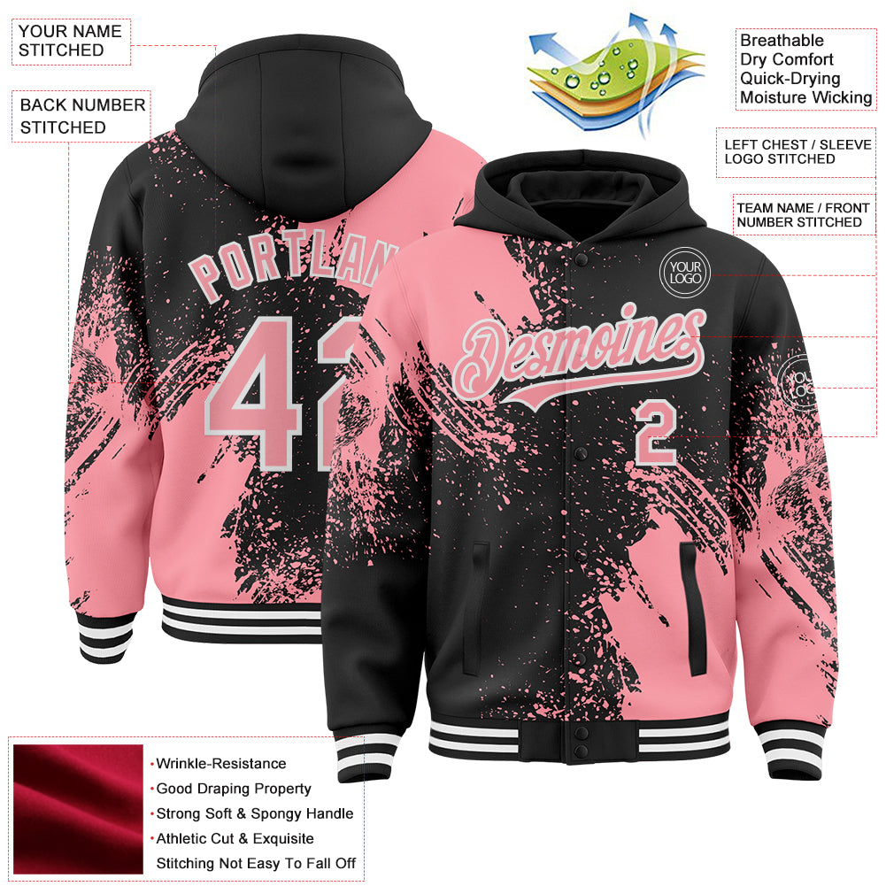 Custom Black Medium Pink-White Abstract Brush Stroke 3D Pattern Design Bomber Full-Snap Varsity Letterman Hoodie Jacket