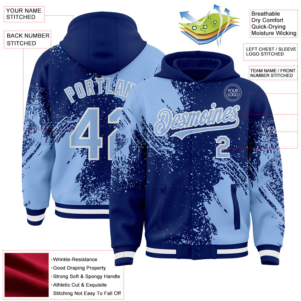Custom Royal Light Blue-White Abstract Brush Stroke 3D Pattern Design Bomber Full-Snap Varsity Letterman Hoodie Jacket