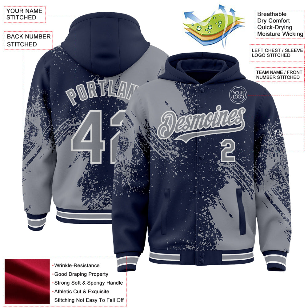 Custom Navy Gray-White Abstract Brush Stroke 3D Pattern Design Bomber Full-Snap Varsity Letterman Hoodie Jacket