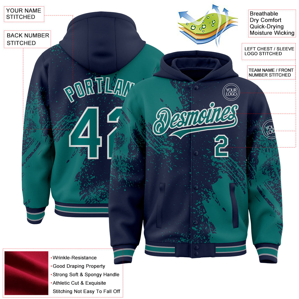 Custom Navy Teal-White Abstract Brush Stroke 3D Pattern Design Bomber Full-Snap Varsity Letterman Hoodie Jacket