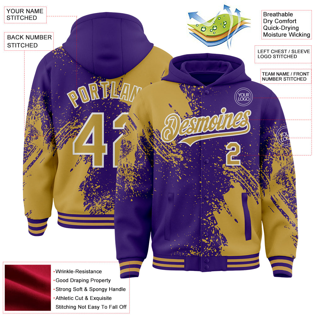 Custom Purple Old Gold-White Abstract Brush Stroke 3D Pattern Design Bomber Full-Snap Varsity Letterman Hoodie Jacket