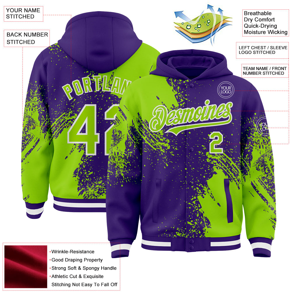 Custom Purple Neon Green-White Abstract Brush Stroke 3D Pattern Design Bomber Full-Snap Varsity Letterman Hoodie Jacket