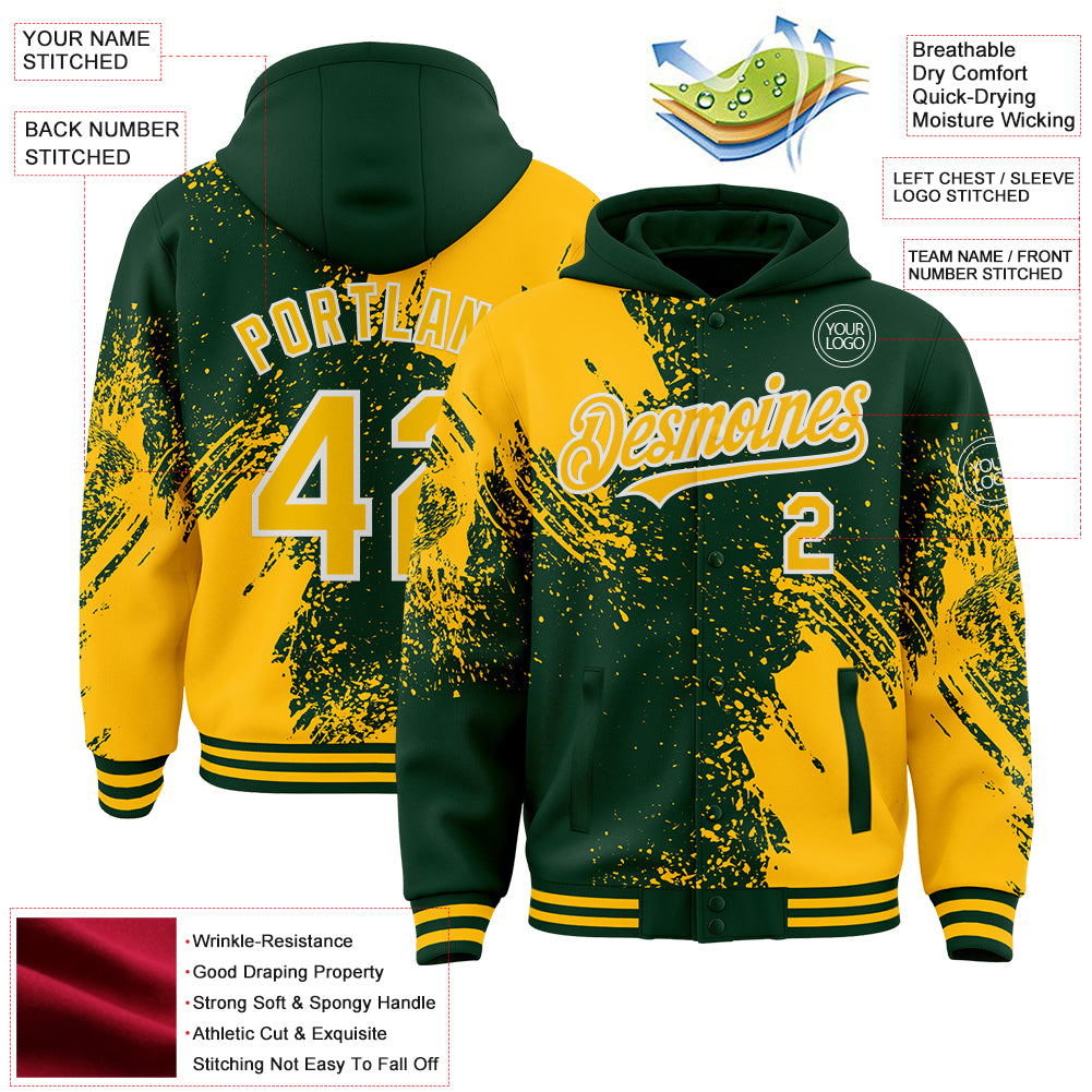 Custom Green Gold-White Abstract Brush Stroke 3D Pattern Design Bomber Full-Snap Varsity Letterman Hoodie Jacket