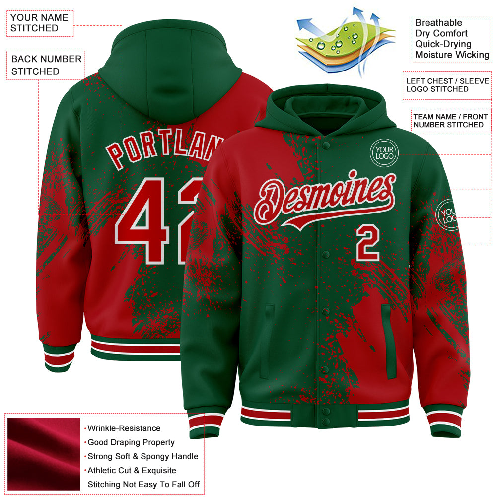 Custom Kelly Green Red-White Abstract Brush Stroke 3D Pattern Design Bomber Full-Snap Varsity Letterman Hoodie Jacket